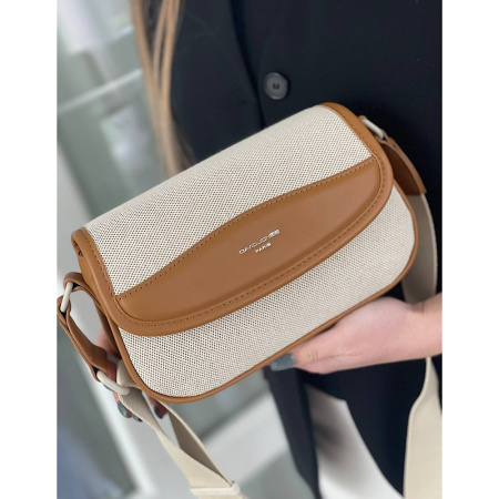 Сумка женская кросс боди из кожзаменителя в сочетании с текстилем David Jones 27830 рыжая