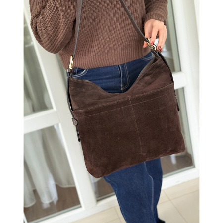 Сумка мешок женская из натуральной замши в сочетании с кожей Genuine leather 28751 коричневая (шоколад)