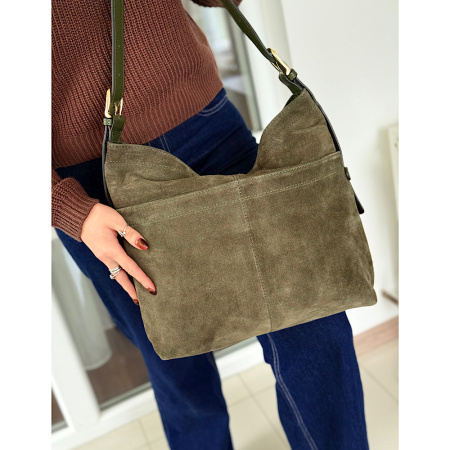 Сумка мешок женская из натуральной замши в сочетании с кожей Genuine leather 28752 хаки
