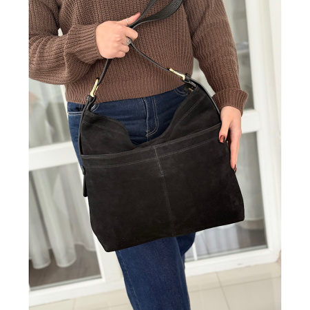 Сумка мешок женская из натуральной замши в сочетании с кожей Genuine leather 28750 черная