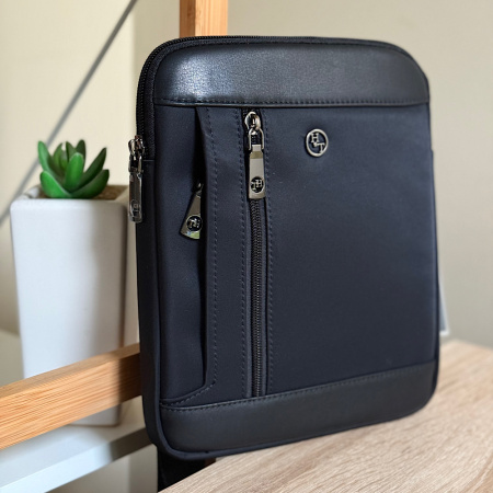 Сумка мужская через плечо из натуральной кожи в сочсетании с текстилем HT 28884 черная