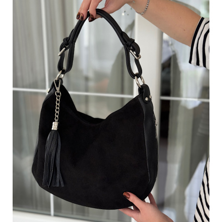 Сумка мешок женская из натуральной замши в сочетании с кожей Genuine leather 28726 черная
