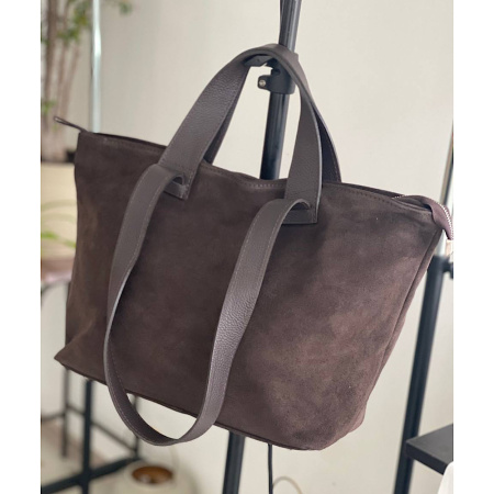 Сумка мешок женская из натуральной замши в сочетании с кожей Genuine leather 28831 коричневая (шоколад)