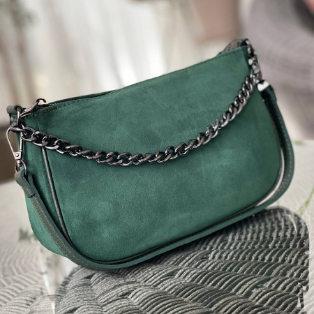 Сумка женская кросс боди из натуральной замши в сочетании с кожей Genuine leather B27252 темно-зеленая