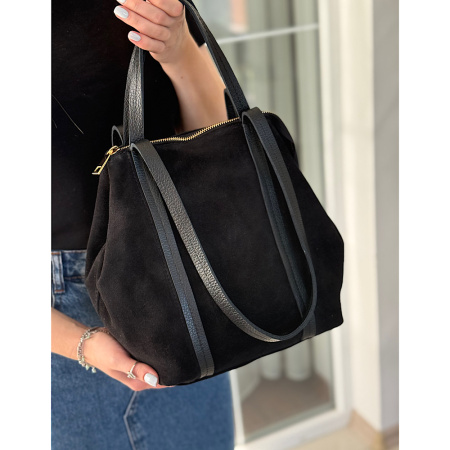 Сумка женская из натуральной замши в сочетании с кожей Genuine leather 28631 черная